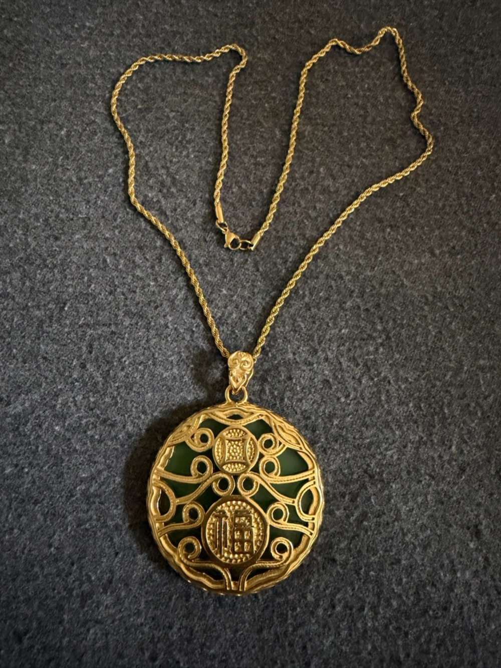 Gold-Tone Filigree Pendant Necklace with Green Enamel - Women Jewelry